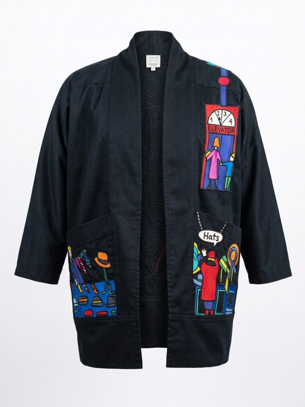 VINTAGE| Black Embroidered Novelty Open-Front Jacket with Hat Shop Motifs ❤️💜💙💛🖤